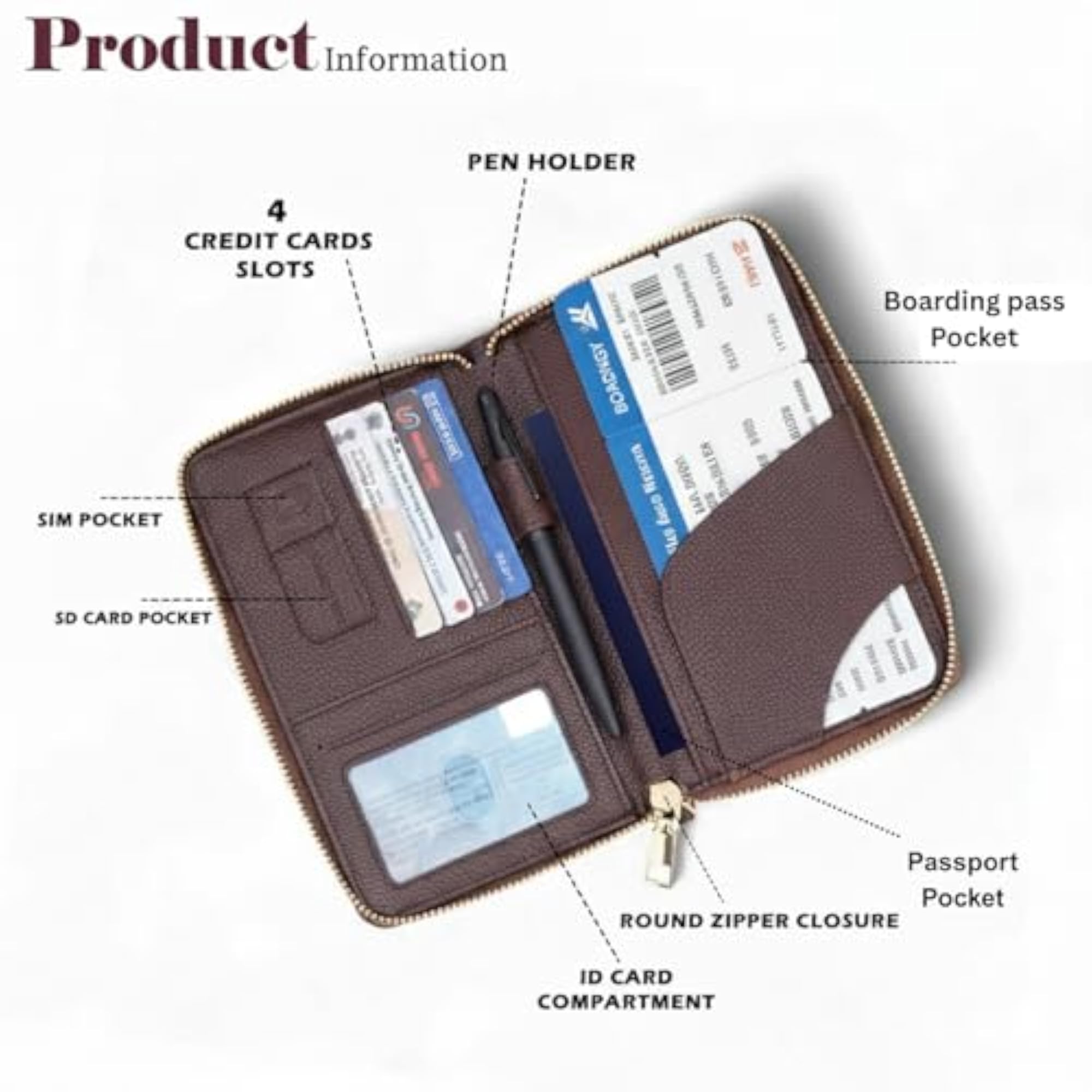 Faux Leather Passport Holder & Travel Wallet, Dark Brown